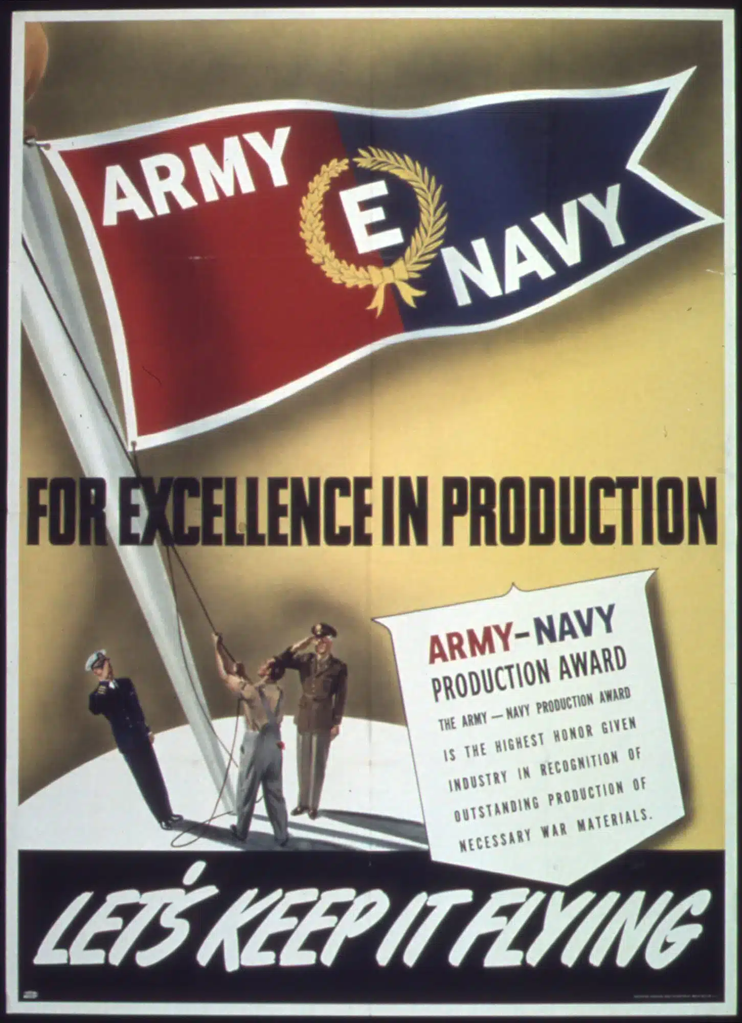 Vintage poster featuring the Army-Navy "E" Award flag being raised by people in military uniforms. The text reads, "For Excellence in Production" and "Let's Keep It Flying." A box details the Army-Navy Production Award criteria.