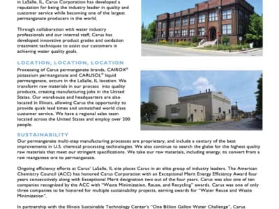 Technical brief for Carus Corporation featuring a detailed description of leadership, production locations, and permanganate processing. The page includes an image of an industrial building and several bullet points highlighting company strengths and capabilities.