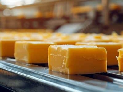 Rows of rectangular cheese blocks on a conveyor belt in a cheese factory, with a blurred background showcasing more cheese and machinery.