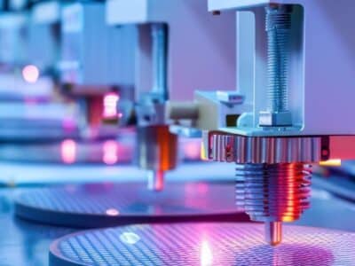 Robotic arms in a factory are working on silicon wafers, illuminated by blue and pink lights, in a clean room environment. The image shows a high-tech semiconductor manufacturing process.