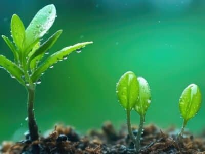 Close-up of a row of small green seedlings growing from soil, with dewdrops on their leaves. The background is softly blurred in shades of green, creating a serene and fresh atmosphere.