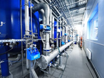 Large industrial water treatment facility with blue tanks, stainless steel pipes, and monitoring equipment in a clean, bright room with tiled floors and a window letting in natural light.
