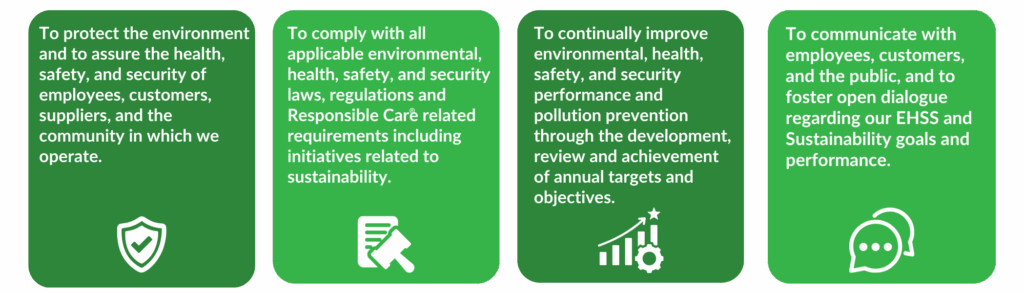 A graphic showing four green pillars showing the Environmental, Health, Safety & Security policy of Carus. To protect the environment and to assure the health, safety, and security of employees, customers, suppliers and the community in which we operate; To comply with all applicable environmental, health, safety, and security laws, regulations and Responsible Care ® related requirements including initiatives related to sustainability; To continually improve environmental, health, safety, and security performance and pollution prevention through the development, review and achievement of annual targets and objectives; and, to communicate with employees, customers, and the public, and to foster open dialogue regarding our EHSS and Sustainability goals and performance.