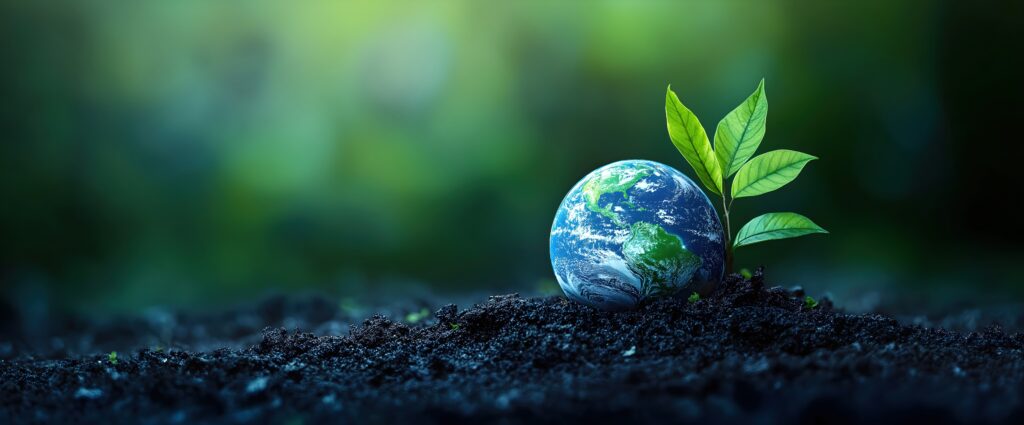 Earth Day concept: a small globe and a young plant emerging from soil, highlighting environmental care.