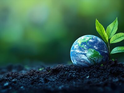 Earth Day concept: a small globe and a young plant emerging from soil, highlighting environmental care.
