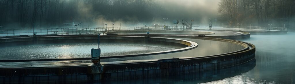 A serene, misty morning at a modern wastewater treatment plant featuring circular clarifiers and atmospheric fog.