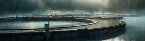 A serene, misty morning at a modern wastewater treatment plant featuring circular clarifiers and atmospheric fog.