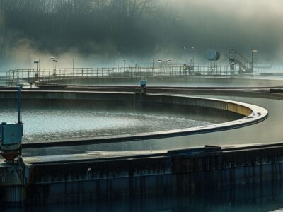A serene, misty morning at a modern wastewater treatment plant featuring circular clarifiers and atmospheric fog.