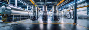Interior of hydrogen production and processing plant, large storage tanks with pipes near.