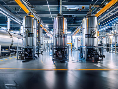Interior of hydrogen production and processing plant, large storage tanks with pipes near.