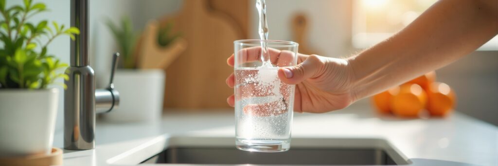 Close up of a hand pouring fresh water into a clear glass in a bright kitchen with a clean and healthy concept.