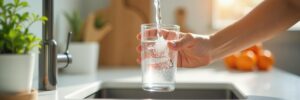 Close up of a hand pouring fresh water into a clear glass in a bright kitchen with a clean and healthy concept.