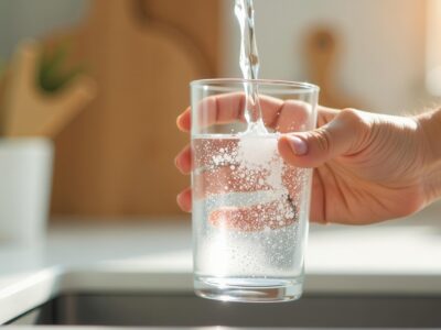 Close up of a hand pouring fresh water into a clear glass in a bright kitchen with a clean and healthy concept.