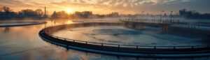 Serene Morning Glow at Wastewater Treatment Plant with Circular Tanks and Purification Processes.