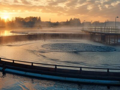 Serene Morning Glow at Wastewater Treatment Plant with Circular Tanks and Purification Processes.