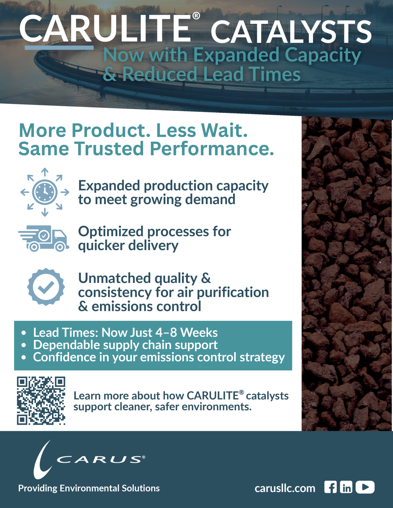 A marketing graphic for CARULITE® Catalysts with the headline "More Product. Less Wait. Same Trusted Performance.". The image highlights expanded production capacity and a new reduced lead time of 4-8 weeks.
