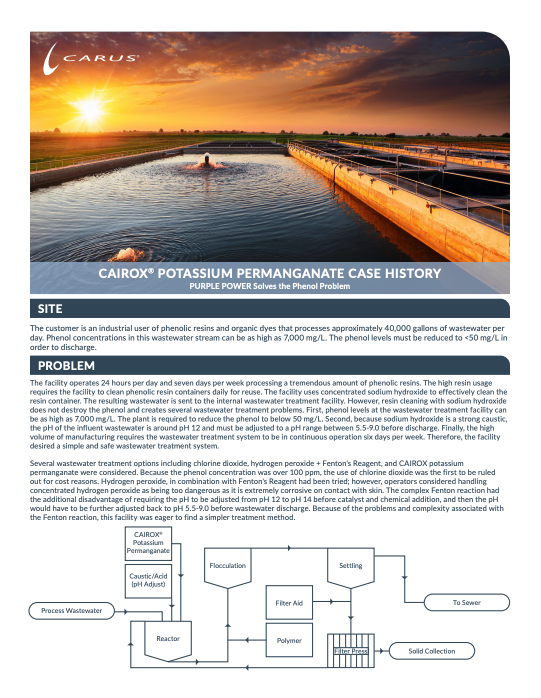 A case study document with a header image showing an outdoor wastewater treatment facility at sunset. The text discusses the use of potassium permanganate to treat phenol-laden industrial wastewater. A process diagram is included.
