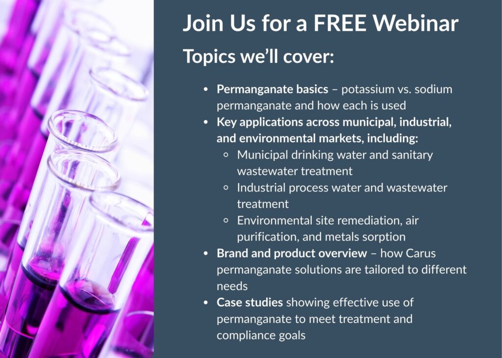 Rows of test tubes filled with purple liquid are on the left, while a blue panel on the right invites viewers to a free webinar covering permanganate uses, applications, product overview, and case studies.
