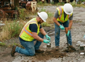 Two workers in safety vests and hard hats collect soil samples from cracked pavement; one kneels, holding a jar, while the other uses a shovel. Overgrown weeds and old machinery are visible in the background.