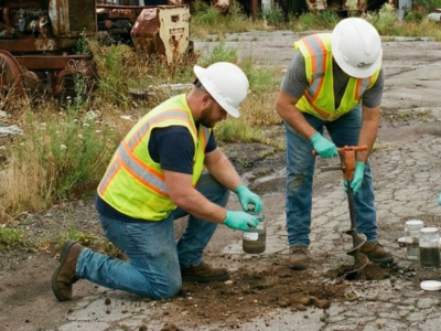 Two workers in safety vests and hard hats collect soil samples from cracked pavement; one kneels, holding a jar, while the other uses a shovel. Overgrown weeds and old machinery are visible in the background.