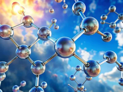 A 3D rendering of metallic molecules connected by rods, representing a molecular structure, set against a vibrant sky with clouds and sunlight.