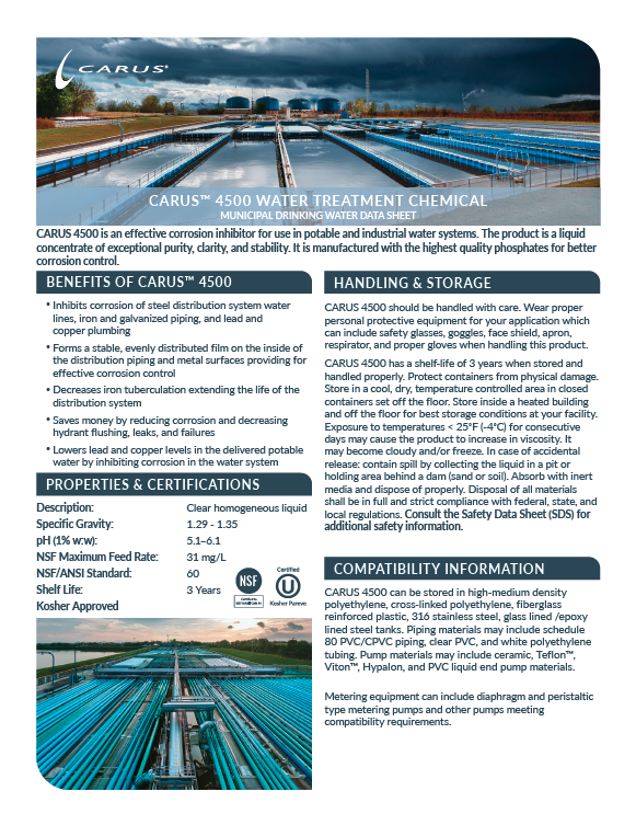 Data sheet for Carus 4500 water treatment chemical, including an image of a large water treatment facility, product description, benefits, properties, certifications, handling, storage, and compatibility information.