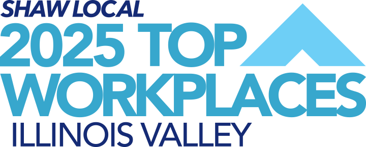 Shaw Local 2025 Top Workplaces Illinois Valley logo with stylized blue upward arrow above the word 'Workplaces.'.