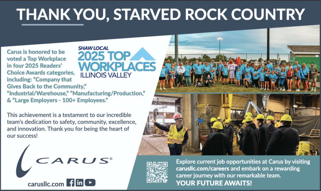 Image displays a Carus company banner celebrating being named a 2025 Top Workplace. It shows two group photos of employees wearing blue shirts and yellow safety gear, and invites viewers to explore careers at carusllc.com.