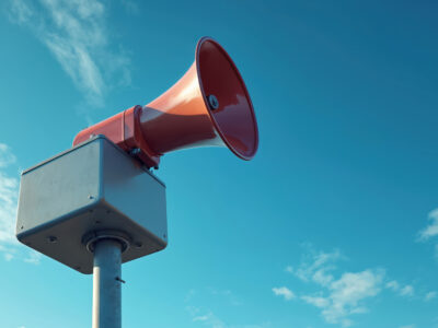 A large red loudspeaker mounted on a metal pole with a square box, set against a clear blue sky with a few clouds.