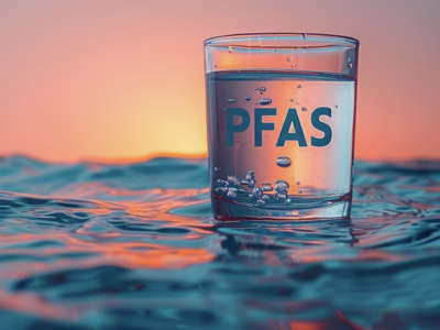 A glass of water labeled “PFAS” sits on a rippling water surface, with a colorful sunset in the background, highlighting concerns about PFAS contamination in drinking water.