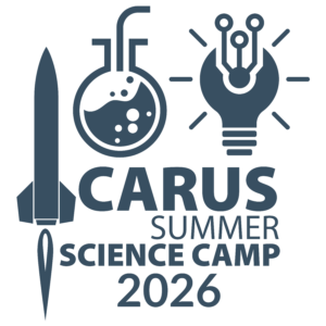 Logo for ICARUS Summer Science Camp 2026 featuring a rocket, a chemistry flask, and a light bulb with circuitry, symbolizing science and technology themes. Text reads: "ICARUS Summer Science Camp 2026.