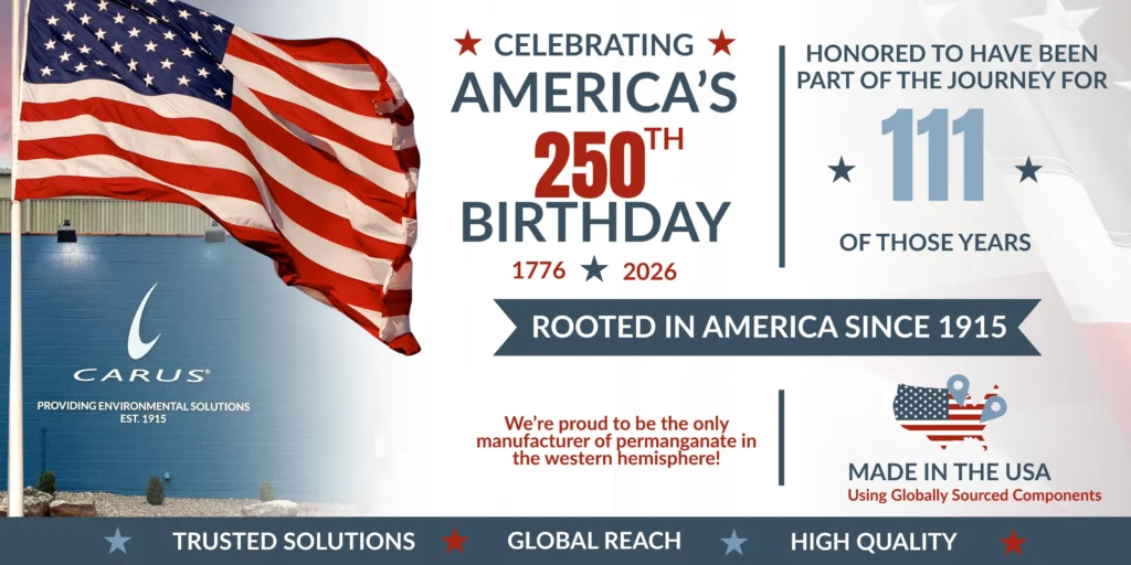 A waving American flag with text celebrating America's 250th birthday, noting Carus has been part of the journey for 111 years since 1915, and highlighting their U.S. manufacturing and environmental solutions.