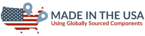 Map of the USA filled with the American flag design, two location pins, and the text "MADE IN THE USA Using Globally Sourced Components" beside it.