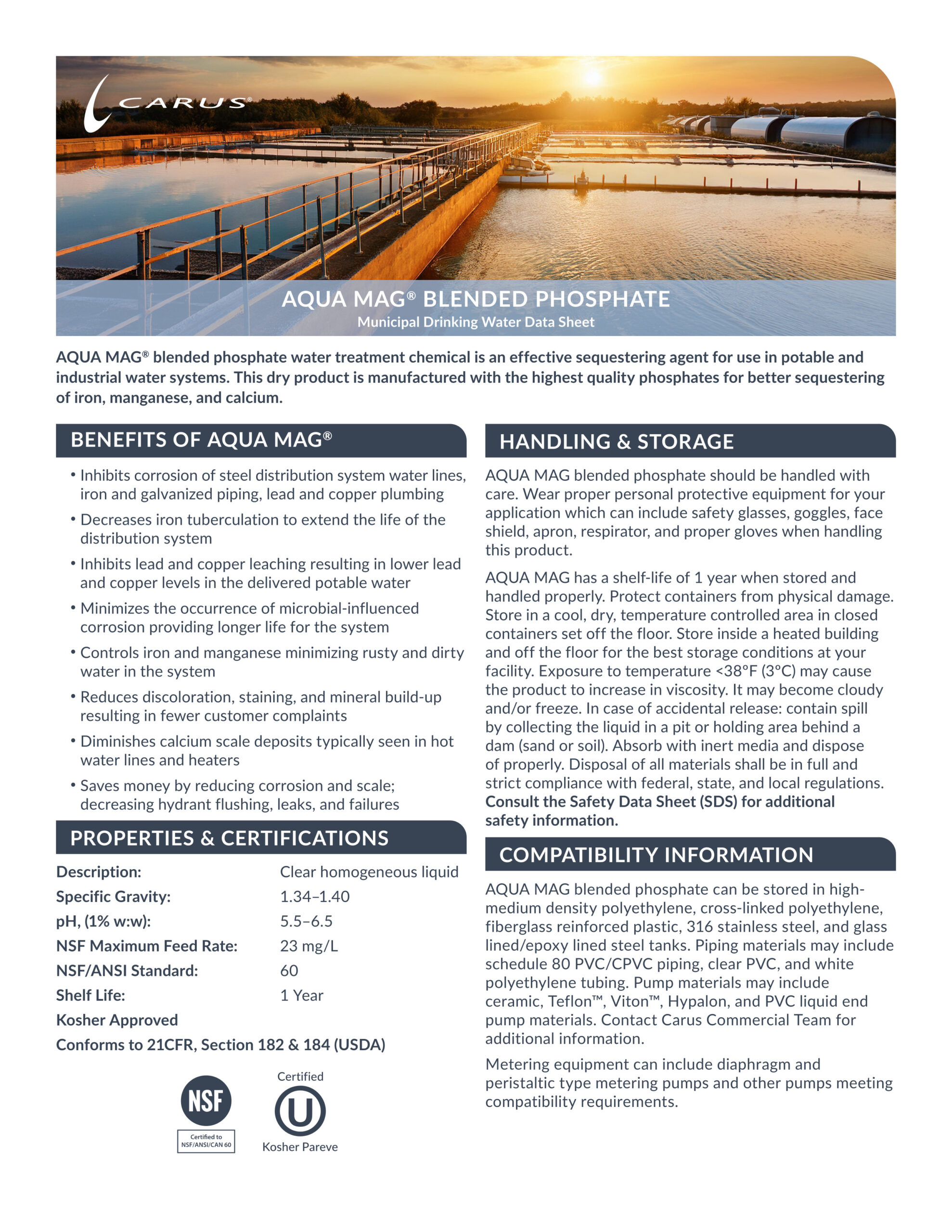 A product info sheet for Aqua Mag® Blended Phosphate by Icarus, detailing benefits, handling, storage, certifications, and technical data for municipal drinking water, with icons and certification logos at the bottom.