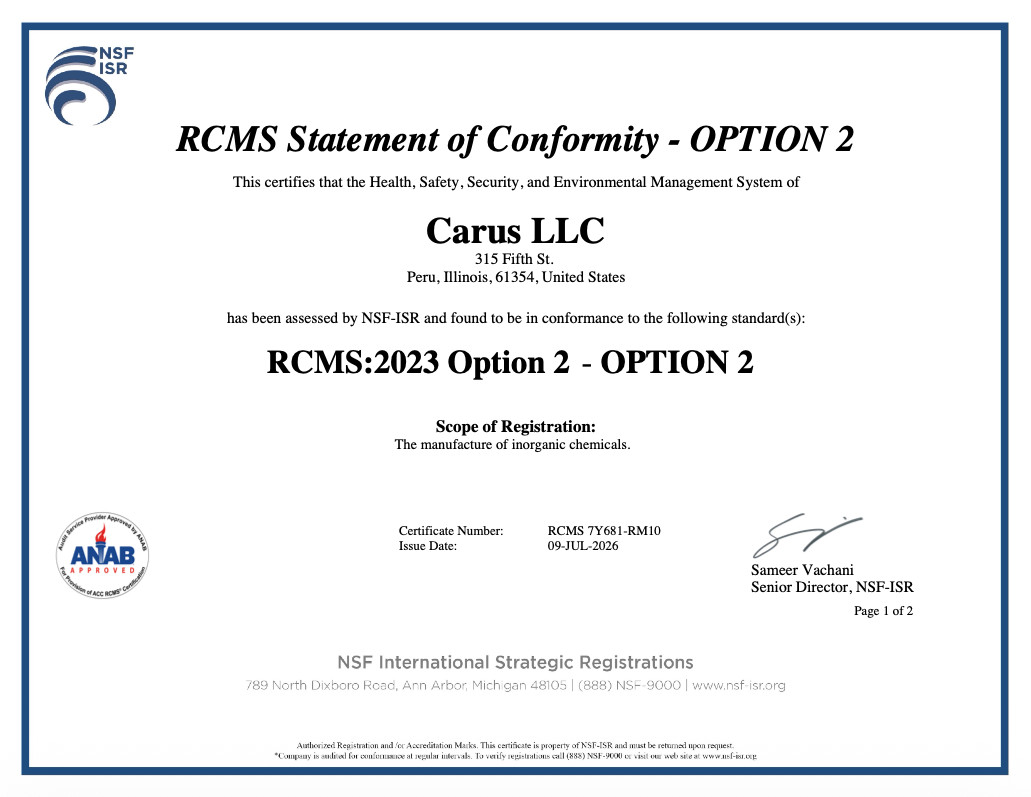 A certificate for Carus LLC from NSF-ISR for RCMS:2023 Option 2, confirming conformity in managing inorganic chemicals, dated June 12, 2024, and signed by Sameer Vachani, Senior Director.