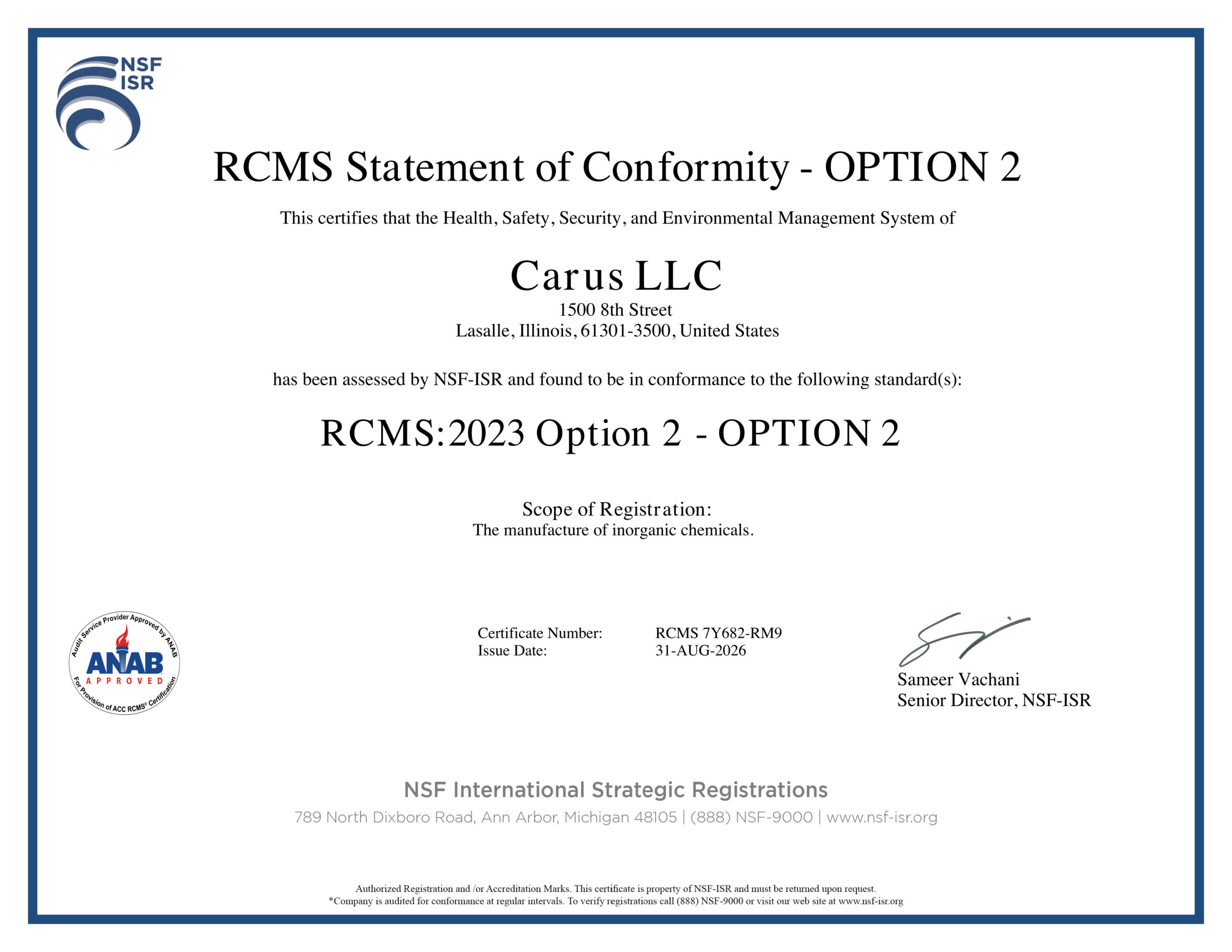 Certificate of conformity for Carus LLC by NSF-ISR, confirming RCMS:2023 Option 2 compliance, issued on 31-AUG-2026, signed by a senior director, with logos and contact details.