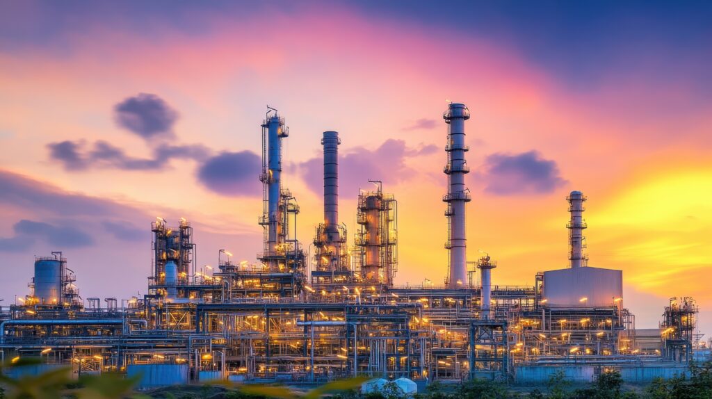 An industrial oil refinery with tall towers and pipes is brightly lit against a colorful sunset sky, with orange, pink, and purple clouds in the background.