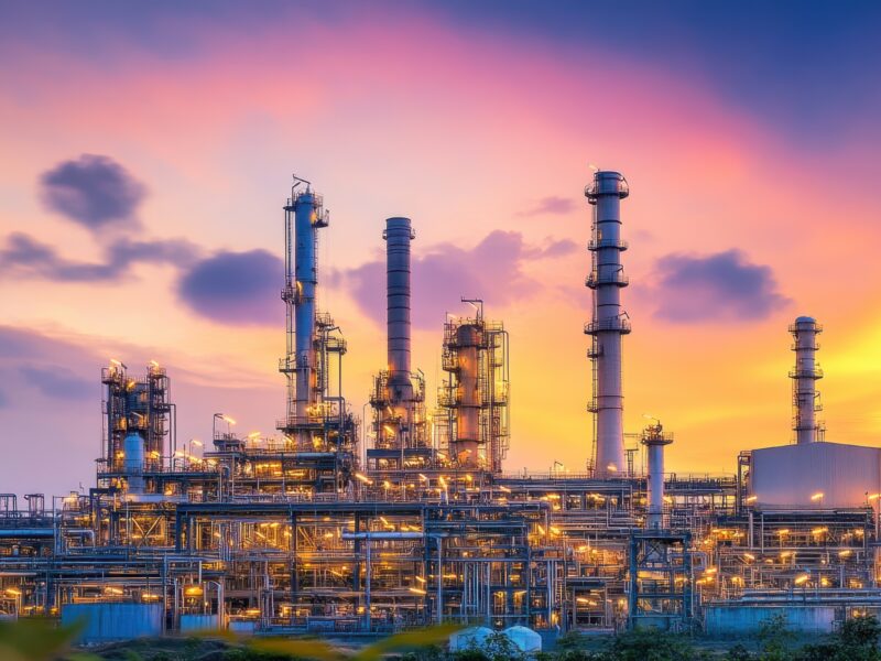 An industrial oil refinery with tall towers and pipes is brightly lit against a colorful sunset sky, with orange, pink, and purple clouds in the background.