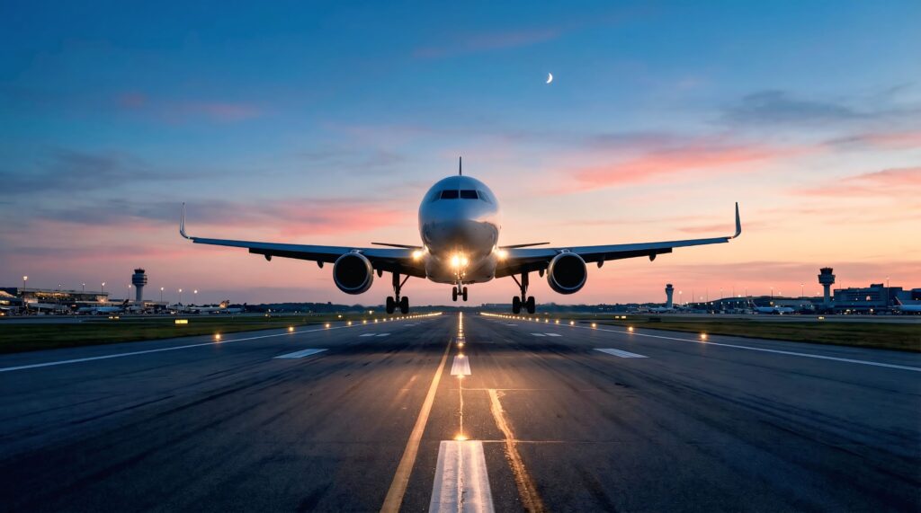 A commercial airplane lands on a runway at sunset, with airport buildings and lights visible in the background under a colorful sky.