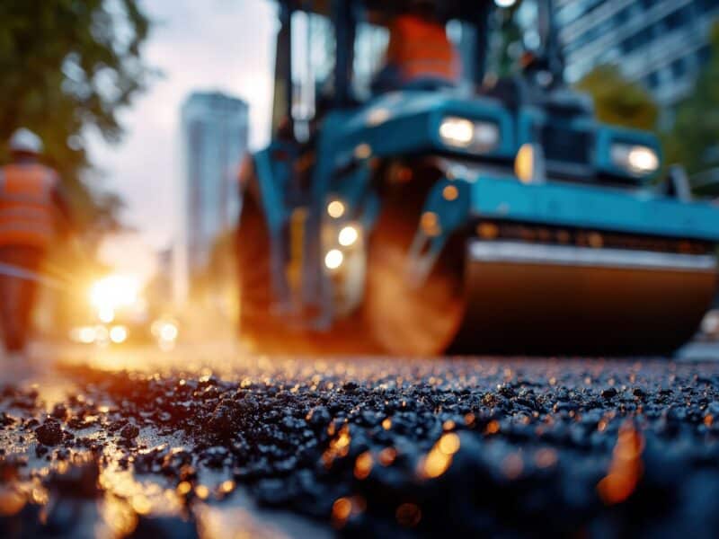 Fresh asphalt being laid on an urban street by a paving crew.