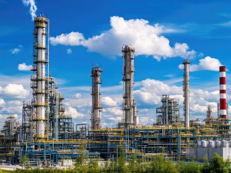Tall chemical separation columns and stacks at a petrochemical facility under a blue sky.