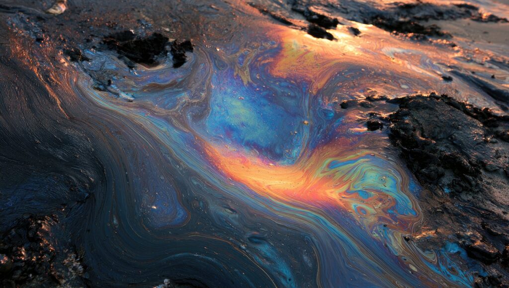 An iridescent oil sheen on dark, petroleum-contaminated ground.