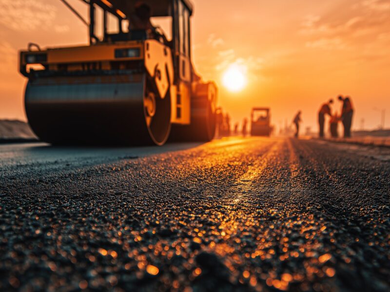 A road roller compacting fresh asphalt at sunset with a paving crew in the background.