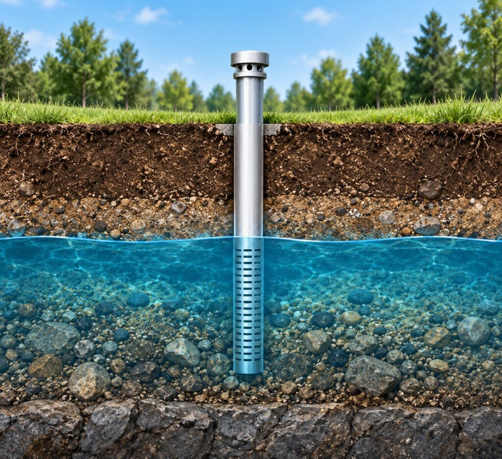 Cross-section illustration of a monitoring well screened below the water table in a gravel aquifer.