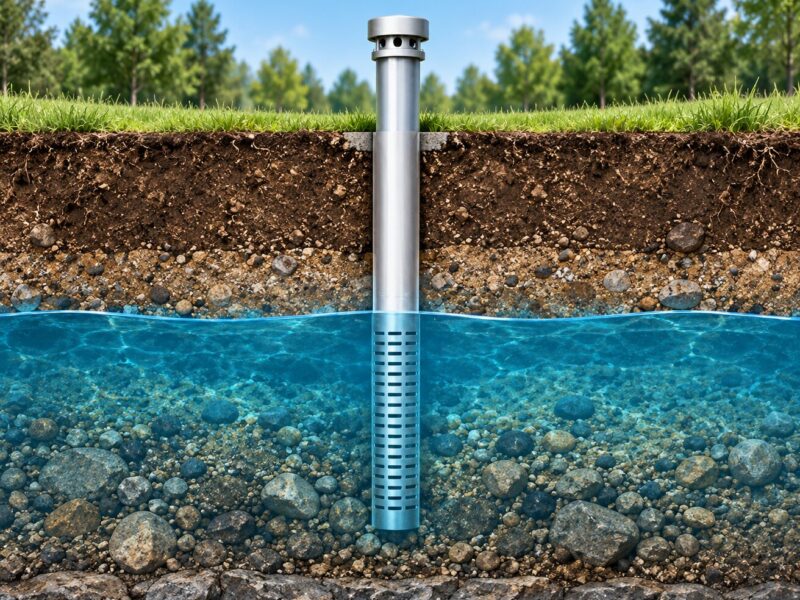 Cross-section illustration of a monitoring well screened below the water table in a gravel aquifer.