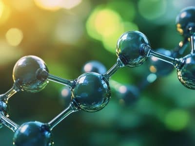 Close-up of a glass molecular model representing PFAS against a blurred green background