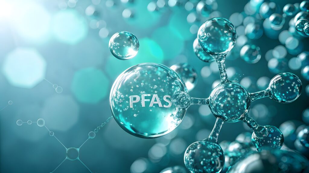 Illustration of a PFAS molecule as linked glossy teal spheres, with one bubble labelled PFAS.