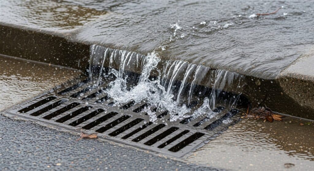 Water flowing along a vegetated drainage channel.