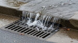 Water flowing along a vegetated drainage channel.