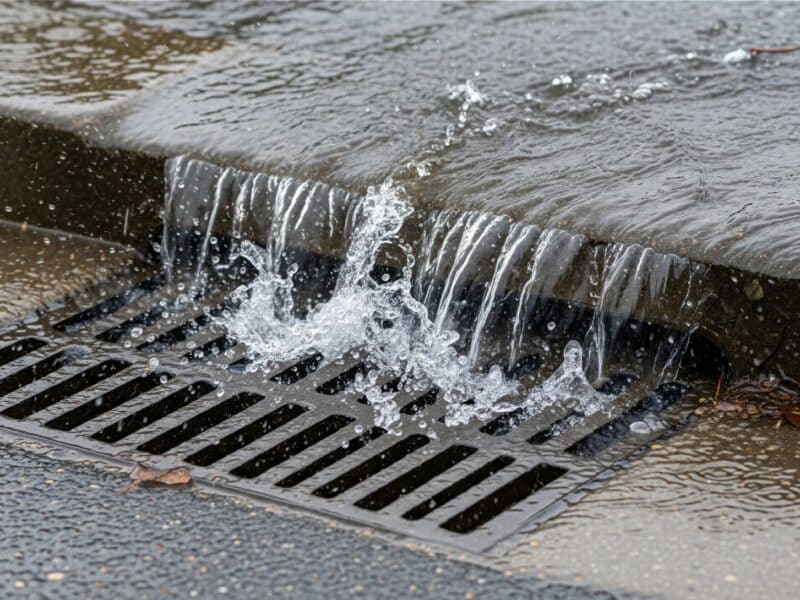 Water flowing along a vegetated drainage channel.
